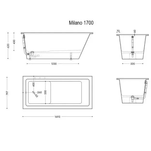 Vonia, laisvai pastatoma SPN Milano BT-537, 170 cm x 80 cm x 62 cm