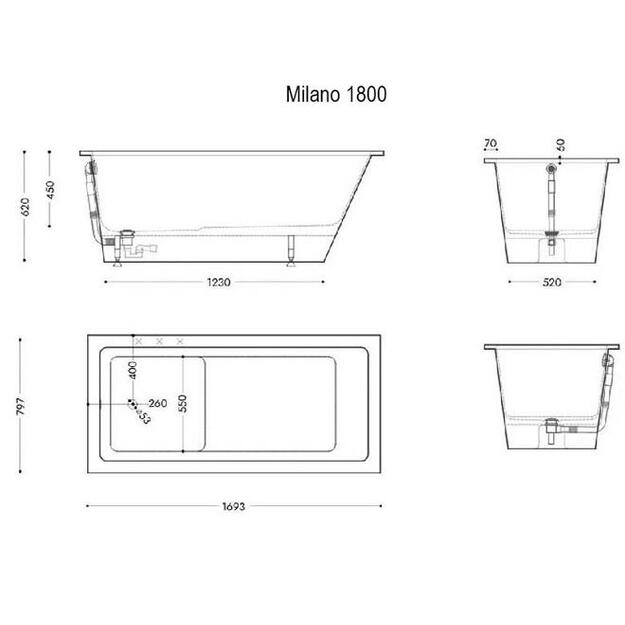 Vonia, laisvai pastatoma SPN Milano BT-538, 180 cm x 85 cm x 62 cm